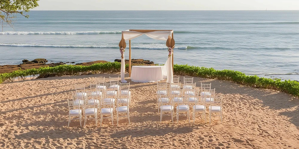 Sand Terrace beachfront ceremony setup for weddings at Secrets Bahia Mita